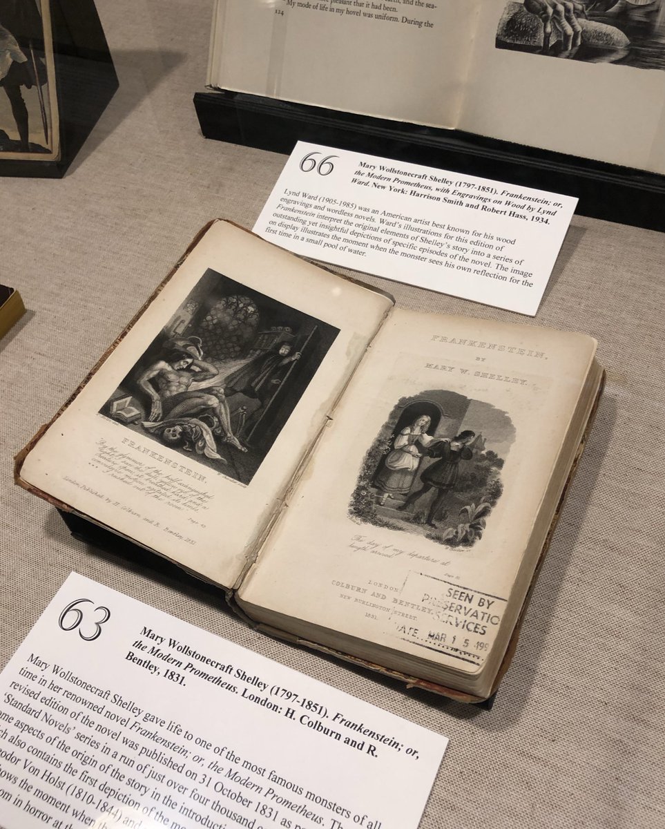 uoftalumni's tweet image. On display at @Fisher_Library is the first illustrated edition of Frankenstein from 1831 and a yellow back edition from 1818. Both editions contain some of the first images of the monster. 

#uoft #uoftalumni #FisherLibrary #UofTLibraries