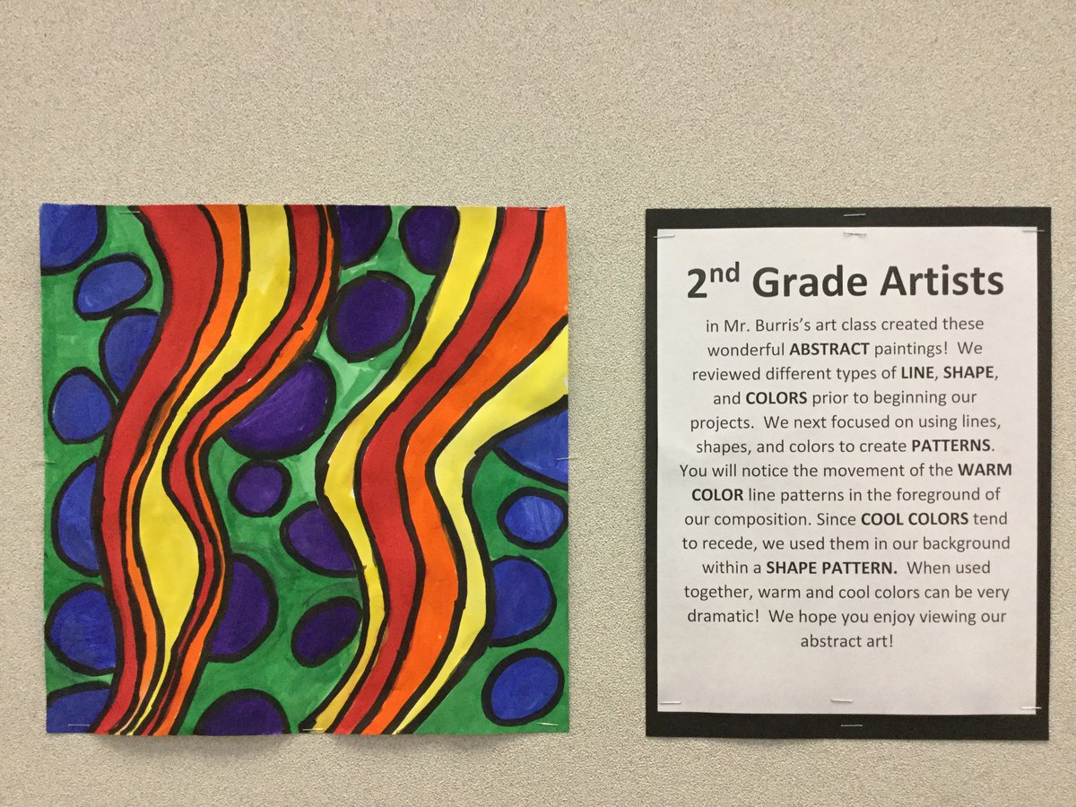 RREartBurris's tweet photo. Second graders in Mr. Burris’ art classes created these abstract designs to help us understand how lines, shapes, and colors all work together in harmony! #RREpride https://t.co/lpDYwF7A6K