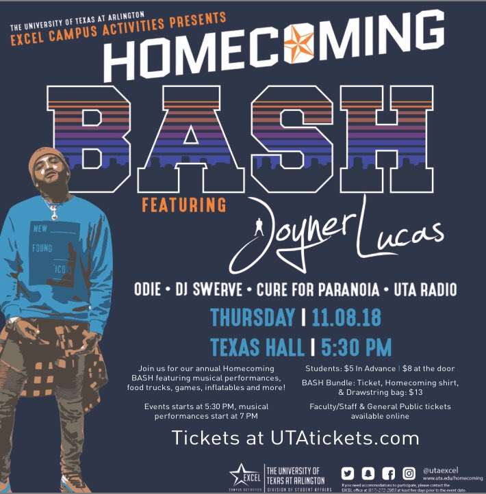 utaexcel's tweet photo. HOMECOMING BASH. THURSDAY, NOVEMBER 8TH. TEXAS HALL. MUSICAL PERFORMANCES, FOOD TRUCKS, INFLATABLES, AND MORE. https://t.co/Hp6z9wH7hp