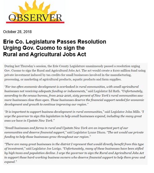 Western NY weighs in on the need to revive #Upstate rural communities via <a href="/TheObserverNY/">OBSERVER</a> bit.ly/ErieCoLegislat… <a href="/ErieCountyNY/">Erie County, NY</a> Legislature passes resolution urging <a href="/NYGovCuomo/">Archive: Governor Andrew Cuomo</a> to sign the #RuralAgricultureJobsAct Learn more: reviveruralny.com