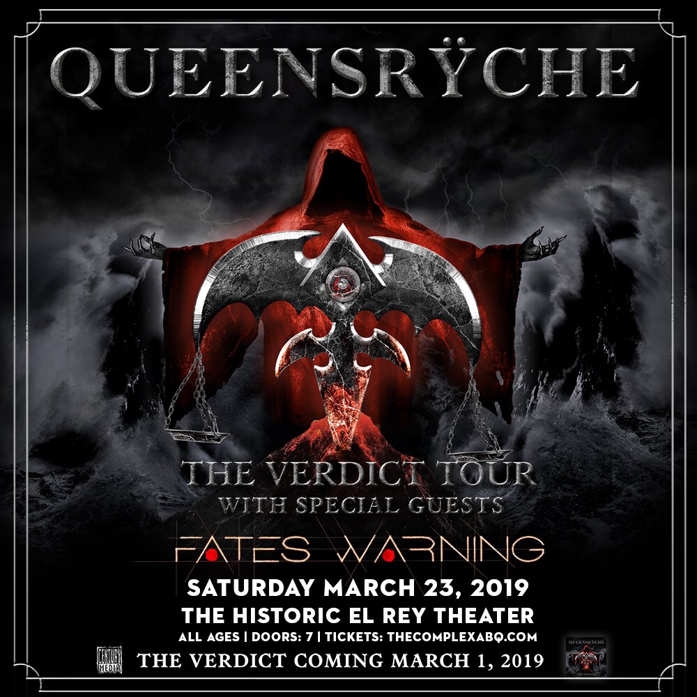 Just in!  Queensrÿche: The Verdict Tour with Fates Warning at The Historic El Rey Theater on 3/23/19!  Tickets go on sale THIS Friday at 10 AM