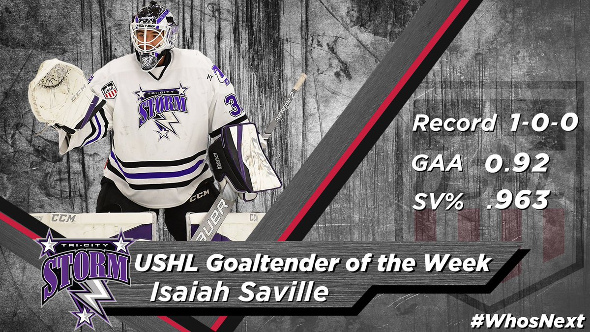 USHL's tweet photo. USHL Goaltender of the Week Isaiah Saville made 25 saves on 26 shots to lead the @TriCityStorm to a shootout win on Saturday. He has won the award for the second time in three weeks and leads all USHL goaltenders in GAA and SV%.

https://t.co/UNhp6nEBgC #WhosNext https://t.co/nUPQHliiWr