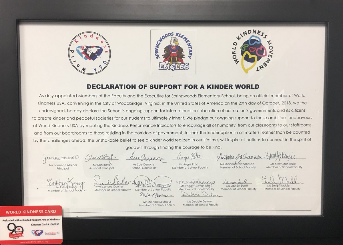 Springwoods Elementary became the 1st School in the state of VA to join WKUSA and signed a Declaration of Kindness! @PWCS @Ruth4Supervisor @MichaelLloydWhi