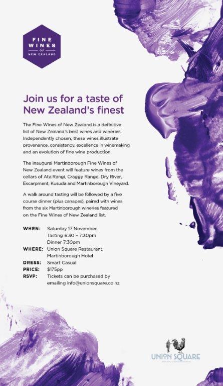 Join us to taste NZ's finest. <a href="/Ata_Rangi/">Ata Rangi</a> <a href="/CraggyRange/">Craggy Range</a> #DryRiver #Kusuda #Martinboroughvineyard and #EscarpmentVineyard. Saturday 17th November at #UnionSquare in Martinborough. Tickets are limited!