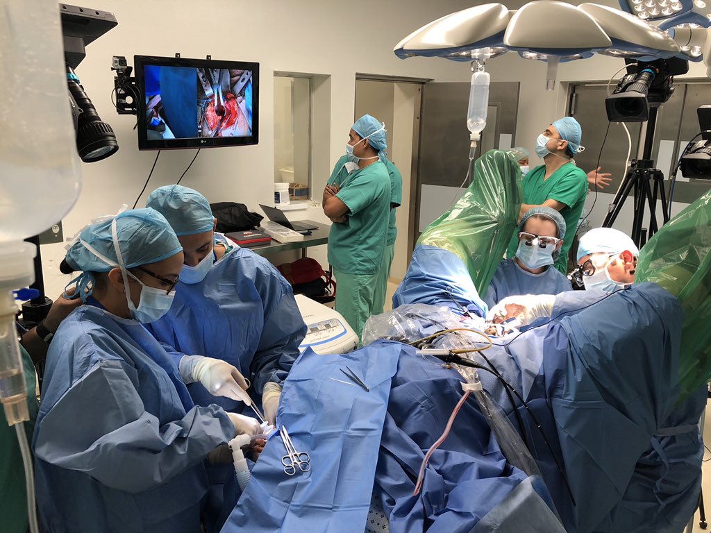 The <a href="/Physician4Peace/">Physicians for Peace</a> #TeachOneHealMany effect: Once a trainee <a href="/welldocc/">wellington ledesma</a>, now the trainer, teaching Mariatte Peralta from <a href="/URUS/">alexander</a>, doing surgery with his former trainer, now colleague, <a href="/EVMSuro/">Urology at EVMS</a> <a href="/JessicaDeLong23/">Jessica DeLong, MD, FACS</a>, at @CentroUretra GU Recon live course at <a href="/PlazadelaSalud/">Hospital General de la Plaza de la Salud</a>.