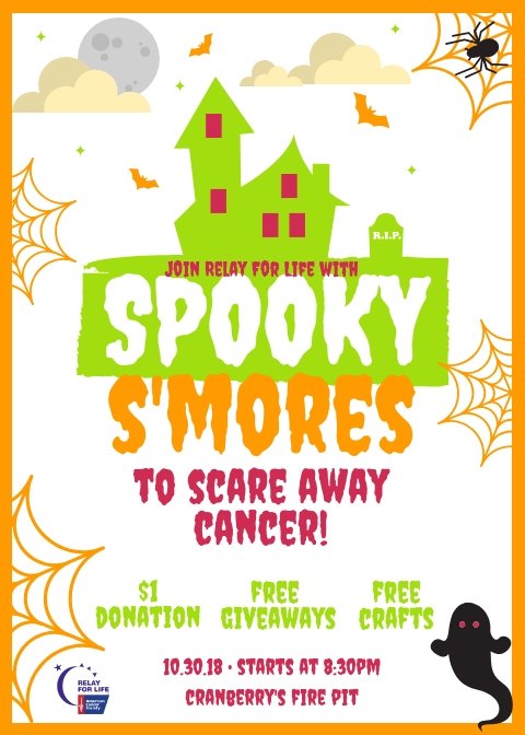 RiderURelay's tweet photo. BOO 👻 We’re bacckkkk!!! Please join us for some Spooky S’mores tomorrow, October 30th @ 8:30PM at the Cranberry’s Fire Pit! There will be FREE giveaways &amp; crafts. $1 Donation is recommended. See you all there! 🦇🕸🕷🎃🍫🔥 https://t.co/q8jeqRbIfu