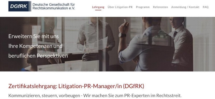 CONSILIUM bietet ab sofort mit der „Dt. Gesellschaft für Rechtskommunikation e.V.“ etwas bundesweit Einmaliges an: Eine zertifizierte Fortbildung zum #LitigationPR-Manager/in (DGfRK). 
Zielgruppe: Anwälte, Unternehmenssprecher und Kanzleikommunikatoren.
litigation-pr-manager.de