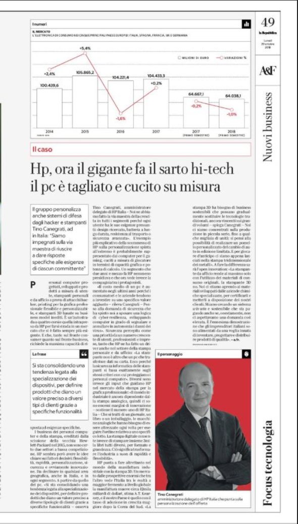 Su <a href="/RepubblicaAF/">Repubblica Affari&Finanza</a> oggi l'intervista di @andreafrolla a <a href="/tinocanegrati/">Tino Canegrati</a> AD <a href="/HP_Italia/">HP Italia</a>, per parlare di innovazione e sicurezza nei dispositivi e raccontare la trasformazione digitale e le opportunità della stampa 3D. #cybersecurity #3Dprinting #DigitalTransformation