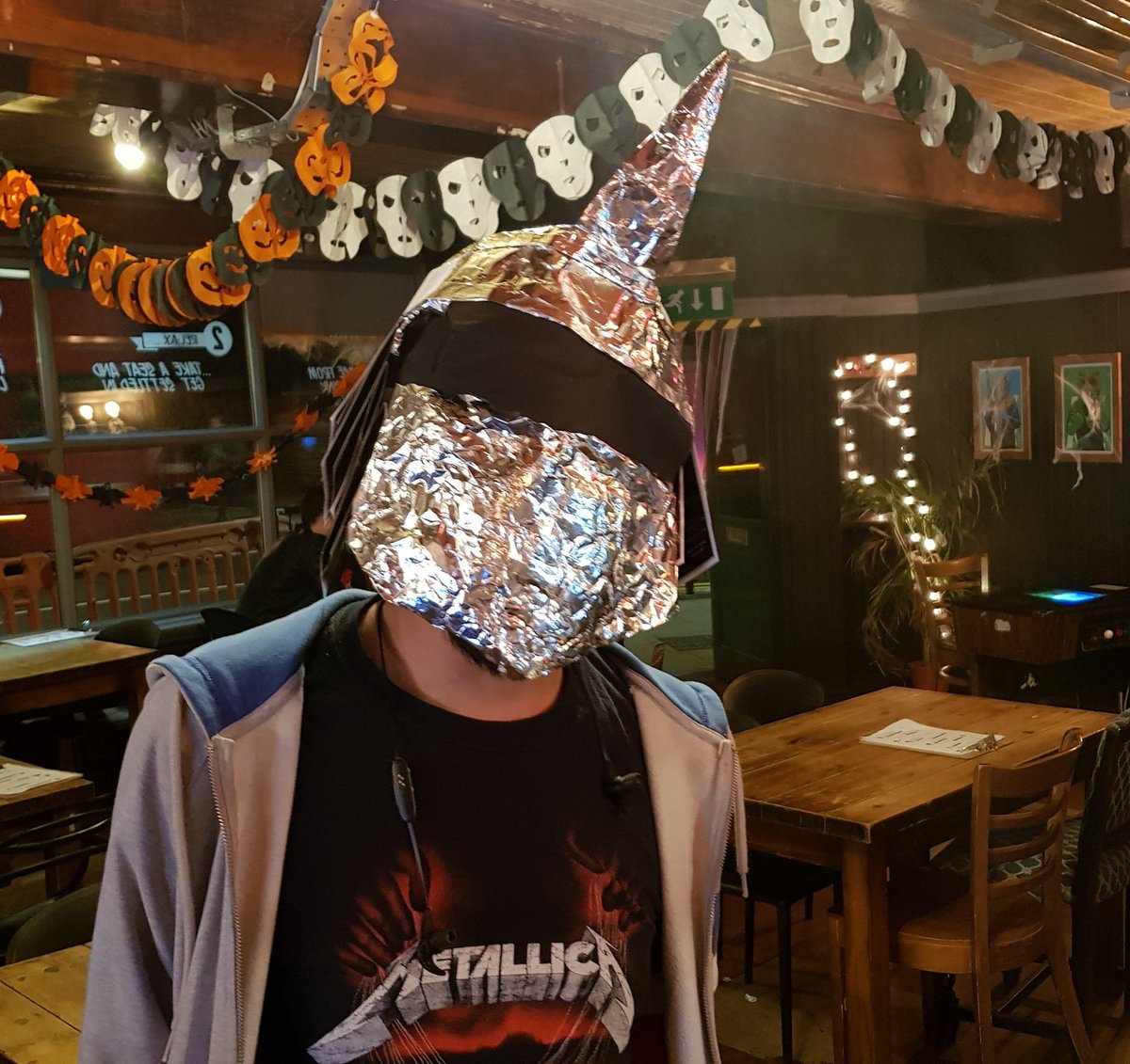 Tonight's Foil Sculpt Challenge at Secret Weapon  - make a disguise to get served at the bar after being previously barred!
👤🚫
All sorts of cool incognito stuff here, but 'A Team With No Name' scored the 4 bonus points with their Samurai/Shredder/Cylon type helmet!
<a href="/WeeklyQuiz/">Weekly Quiz</a>