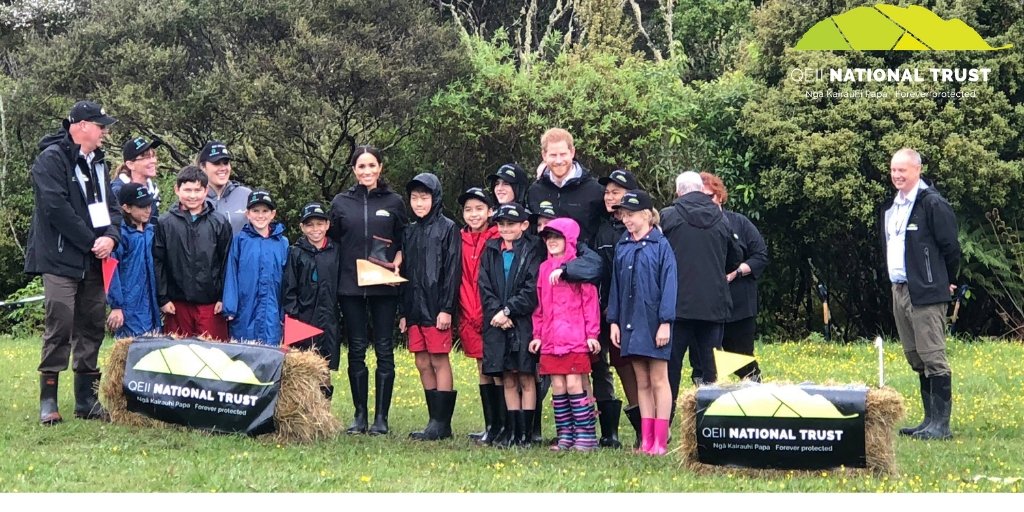 QEIINatTrust's tweet photo. And the winner is *drumroll please* Her Royal Highness the Duchess of Sussex and her team from Pinehill School congrats! #RoyalVisitNZ #QEIIGumbootThrow https://t.co/Vwn8qqqdkO