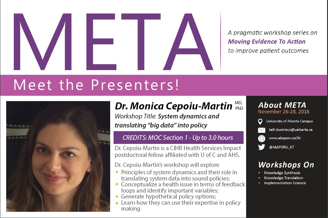 AbSPORU_KT's tweet photo. #SystemDynamics #BigData #SystemsThinking #HealthSystemImpact #FeedbackLoops... Learn about these modelling & policy innovations with Dr. Monica Cepoiu-Martin at #META2018! Register for this interactive workshop & more at https://t.co/dW07AX5qmj Pls RT #KnowledgeTranslation #KMb https://t.co/YVRNlfctS9
