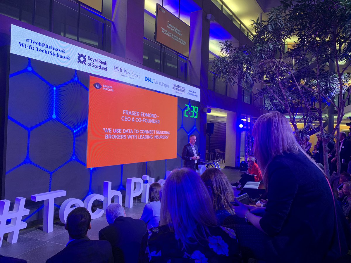 FinTechScotland's tweet photo. @fraseredmond from @brokerinsights now on stage speaking about how he hopes to revolutionise the insurance market. Great #TechPitch2018 event at @RBS #fintechscotland https://t.co/q9v9ojYx0y