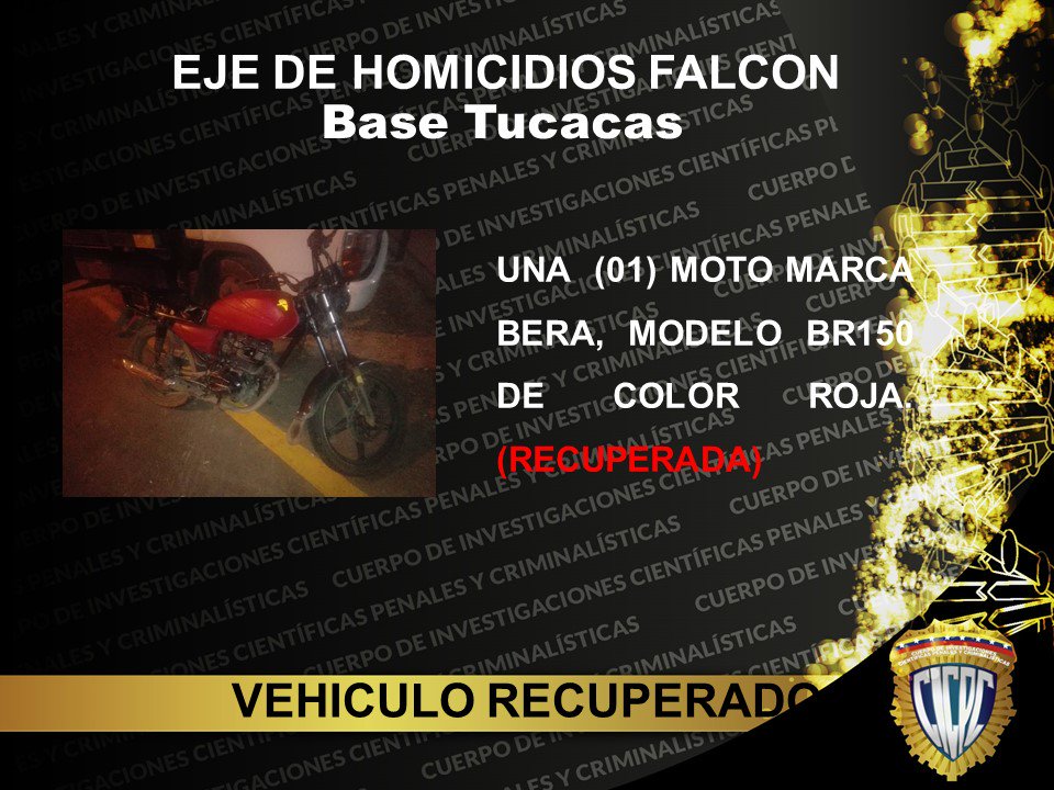 <a href="/HOMICIDIOFALCON/">Eje de Investigaciones de Homicidios Falcón</a>  Base Tucacas Detiene a  Carlos Velasque. 22 Años, Francisco Bracho 20 Años, Franklin Bracho 32 Años, Pedro Hereira 33 Años y Recupera Moto por el delito de Homicidio. <a href="/DouglasRicoVzla/">Douglas Rico</a> <a href="/Cicpc379/">Redip Occidental Cicpc</a> <a href="/Gervacio11/">Gervacio Vera</a> @CICPC060 @dirpsicofisica