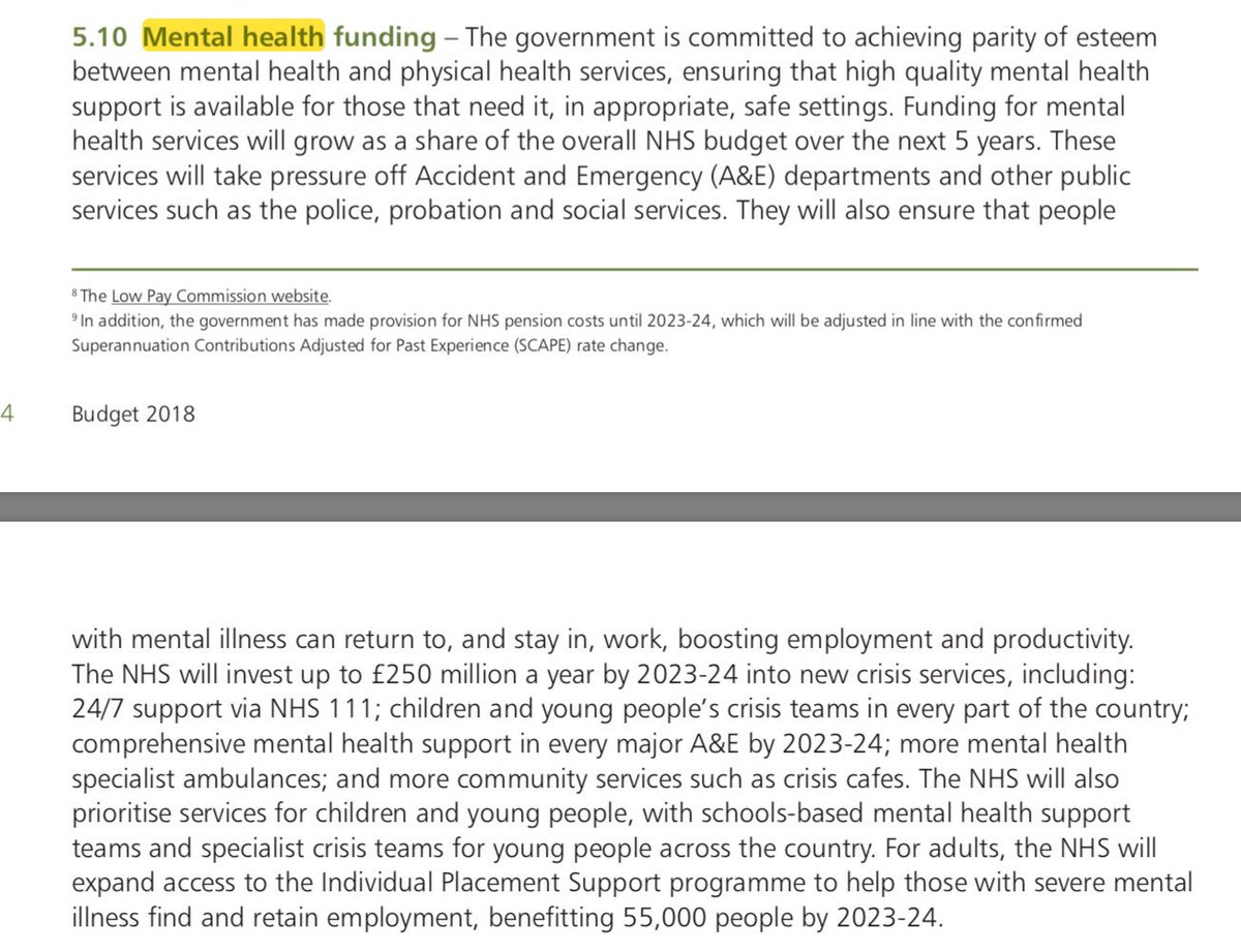 Here is extract from #Budget18 about mental health. Great to see MH in there and commitment to parity of esteem, but services for children & young people MUST start in infancy. It would be wonderful to see more on early intervention to prevent things reaching crisis point.