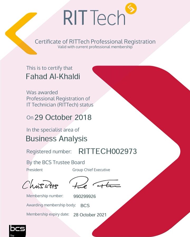 fahadalkhaldi83's tweet image. Very #proud to receive a #certificate of #RITTech Professional Registration in the specialist area of Business Analysis from The British Computer Society (#BCS)

#caree #IT #aramco