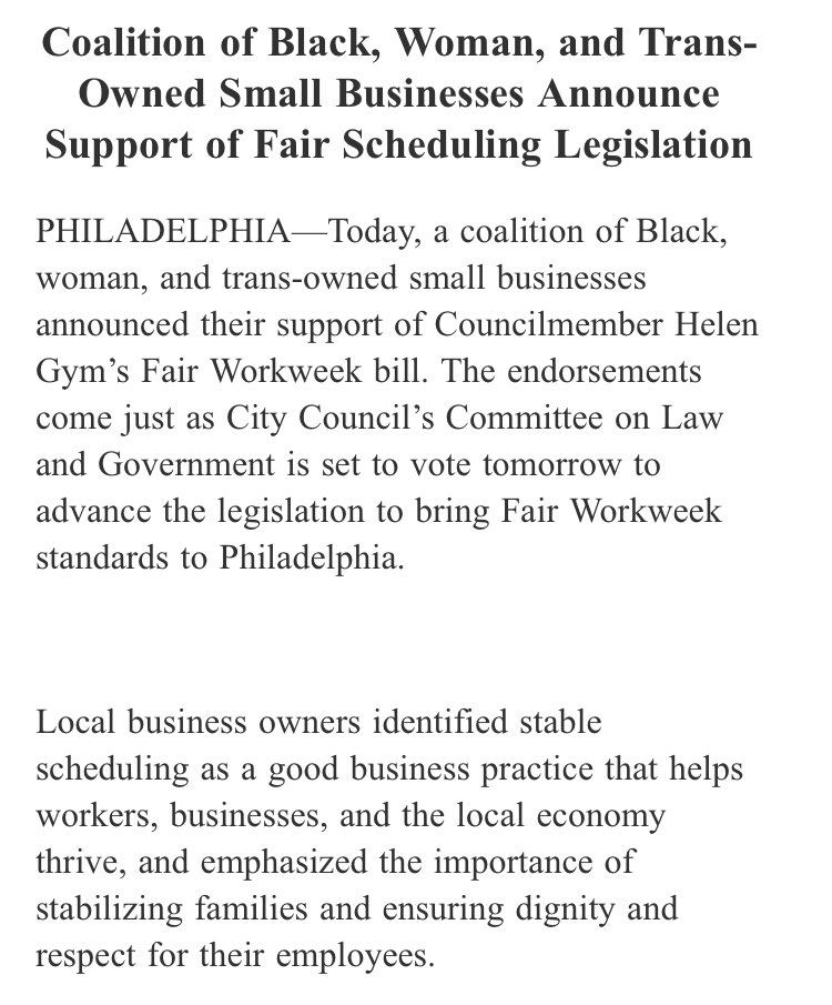 HelenGymAtLarge's tweet photo. Today a coalition of Black, woman, and trans-owned businesses announced their support of #FairWorkweekPHL. 👏🏿👏🏾👏🏽

Proud to stand with @sbnphila @UncleBobbies @marclamonthill @CakeLifePhilly @maryampugh_ @PhilaPrint Franny Lou’s Porch and Sweet Nectar DK. https://t.co/NtwYRtJQLj