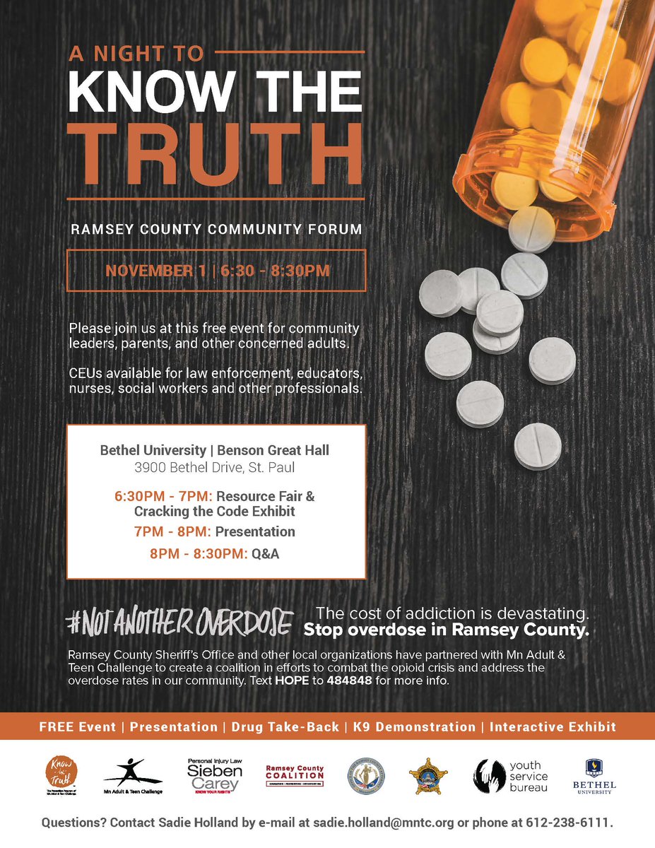 RamseySheriff's tweet photo. TONIGHT!

“Helping people with addiction is a community wide issue. No one can overcome it alone. We are asking everyone to help in this commitment to healthier communities.”

Join us for this important, free community event.

#NotAnotherOverdose https://t.co/sYtXwq9Spt