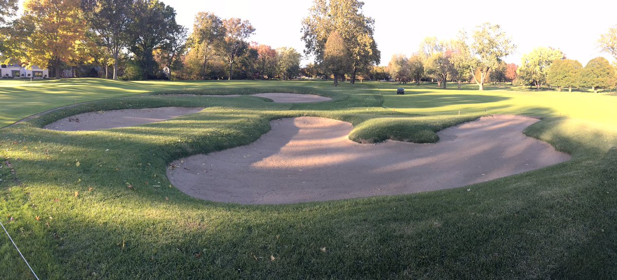 benrink's tweet photo. Sometimes it’s hard to stop and appreciate things. On my final drive around for the day, it is obvious that @FarrisBrantley is killing it on the bunker reshaping/regrassing project, and the RTF from @idealturf_rtf is the real deal! #LuckySupt https://t.co/Mp13b3tTAx