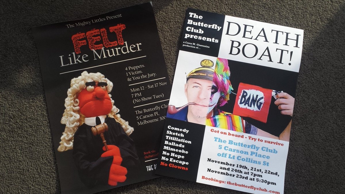 Less than 3 weeks to go until DEATH BOAT! resurfaces, and less than 2 for Felt Like Murder. November is looking great!

The Butterfly Club is the home for all the action:

thebutterflyclub.com/show/death-boat