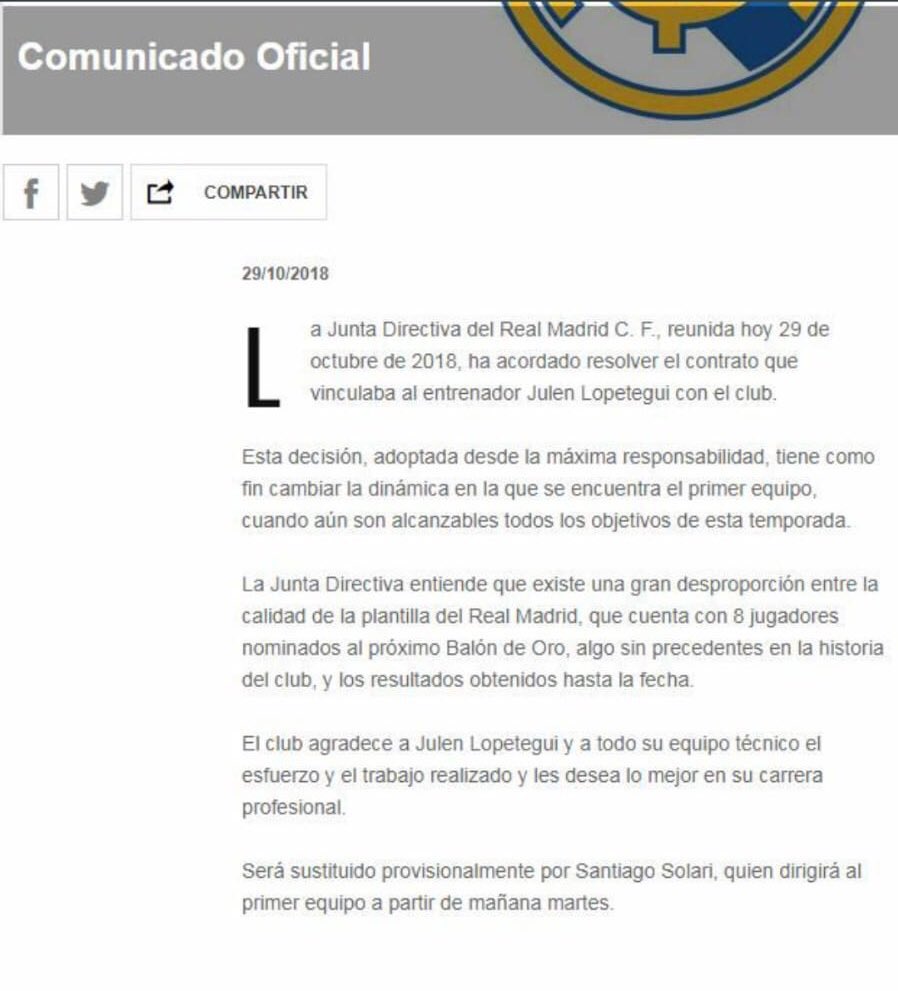 Sphera on Twitter: "Julen Lopetegui es destituido. Este es el comunicado del Real Madrid al respecto. https://t.co/s9bjDqWrLD" / Twitter