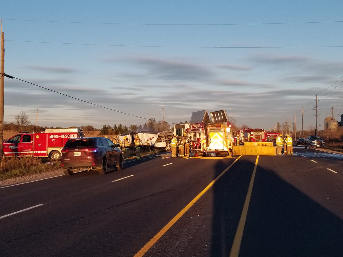 FireChiefSeth's tweet photo. @CountyofBrantFD on scene of a multivehicle accident involving a transport truck. 3 patients transported to hospital. Minor injuries.  #CoBFD #Cainsville #Onondaga #MrPleasant stations response. https://t.co/gzpNnMFz4F
