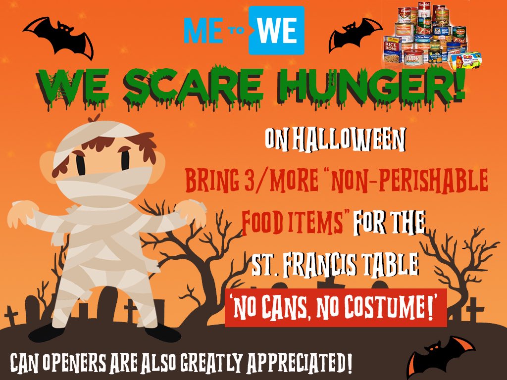 MetoWeFJR's tweet photo. You’ve seen the boxes in your homerooms; you don’t have to wait!! The We Scare Hunger campaign continues until this Wednesday (halloween🎃) #wescarehunger #nocansnocostume #metowe #genwe @FJRCSS https://t.co/EB4WPHawsc
