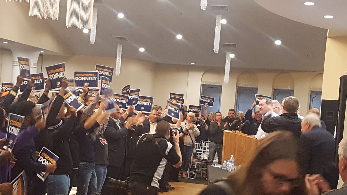 USWPolitical's tweet photo. @SenDonnelly now addressing over 400 fired up @steelworkers members at Burns Harbor, IN.  8 days until critical election and this race is critical. https://t.co/bLHprcaAHs