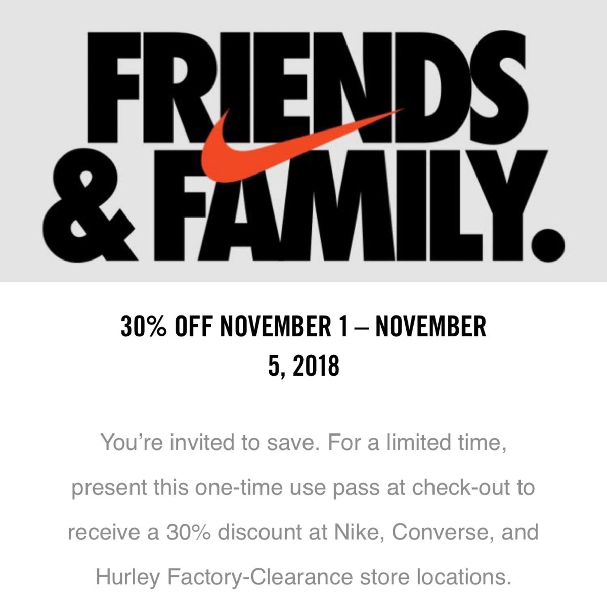 zeven duidelijk voelen J23 iPhone App on Twitter: "Check Nike+ email/app for 30% OFF Friends and  Family at Nike Outlets 11/1 - 11/5 https://t.co/1WRzqWBi9g" / Twitter