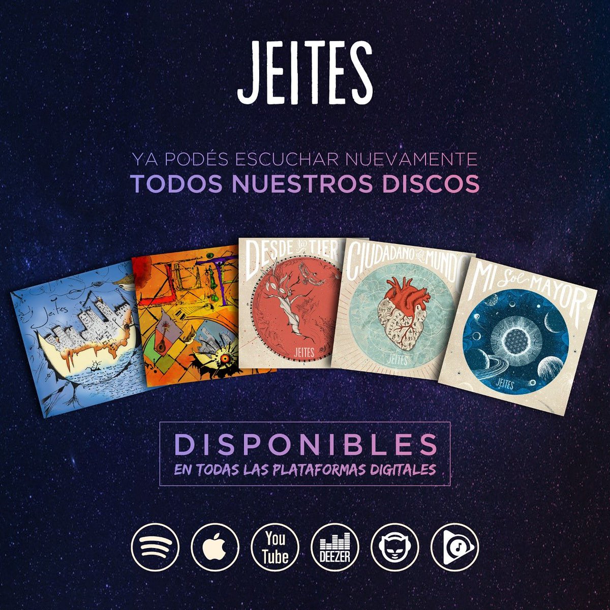 Jeites's tweet photo. 📣 ¡Ya están disponibles todos nuestros discos nuevamente en todas las plataformas digitales!
Escuchanos en @Spotify @SpotifyLATAM @AppleMusic @YouTube @Deezer @napster @GooglePlayMusic @Claromusica
💿 #DiscoNaranja #DiscoAzul #DesdeLaTierra #CiudadanoDelMundo #MiSolMayor https://t.co/HRXgioNRka