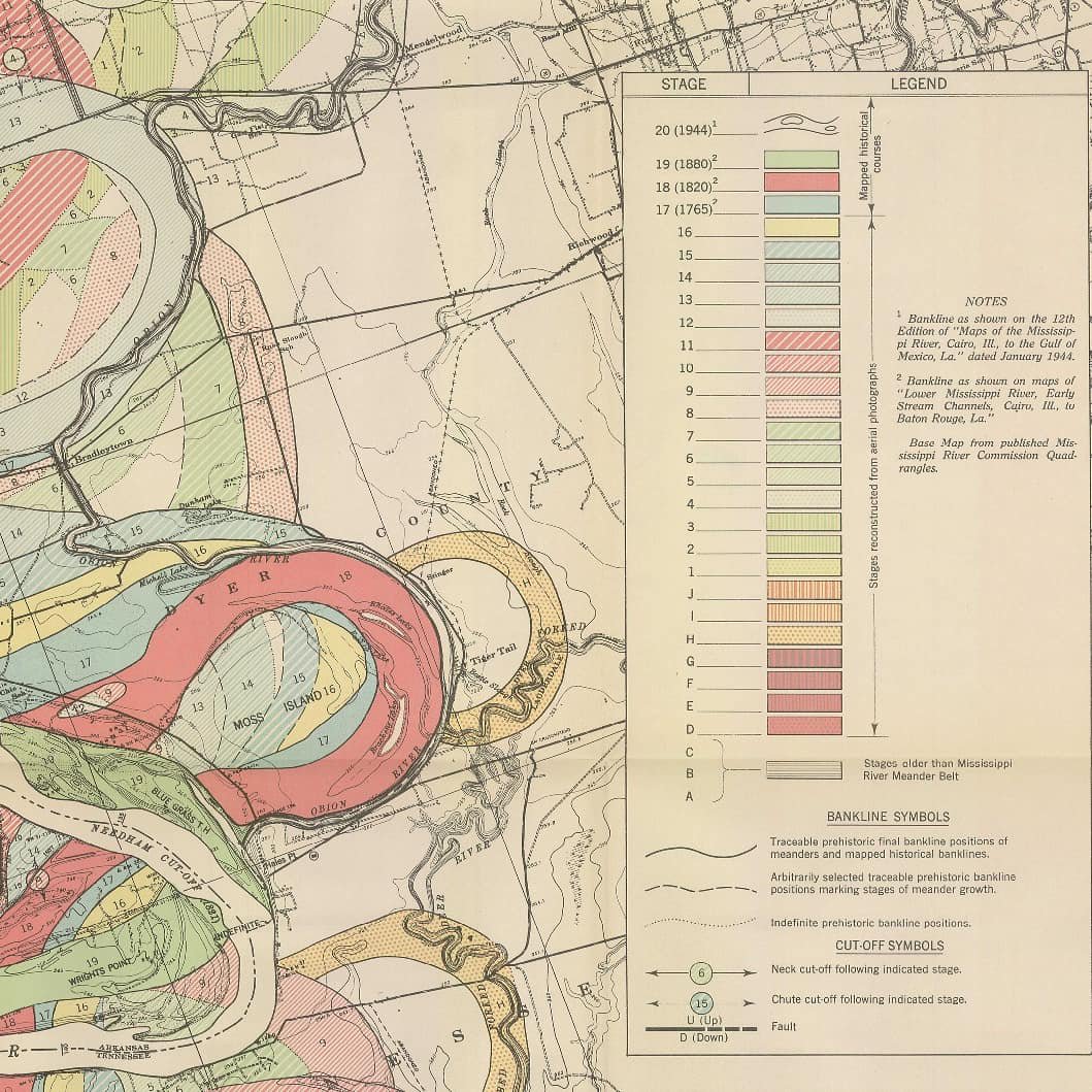 aaronpenne's tweet photo. Can't get enough of these beautiful maps of the ancient courses of the Mississippi River. This was made by Harold Fisk in 1944 for the Army Corps of Engineers. Fisk mapped the old river banks using old maps, soil, and aerial photographs. Amazing stuff! https://t.co/40eM6p0YoQ