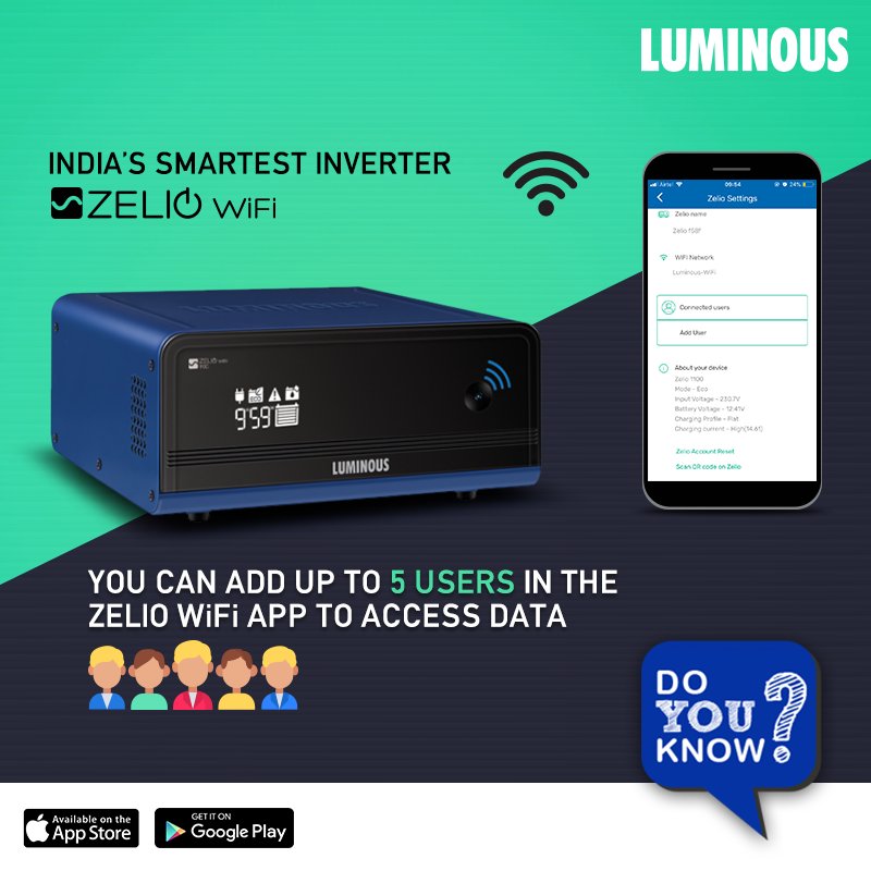 myluminous's tweet photo. Luminous Zelio WiFi inverter comes with a highly efficient app that can have up to 5 users check the status of the inverter and battery! #ZelioWiFi #IndiasSmartInverter #KyushiyonKaGhar #Luminous #MultipleUsers https://t.co/rndP4SCCOl