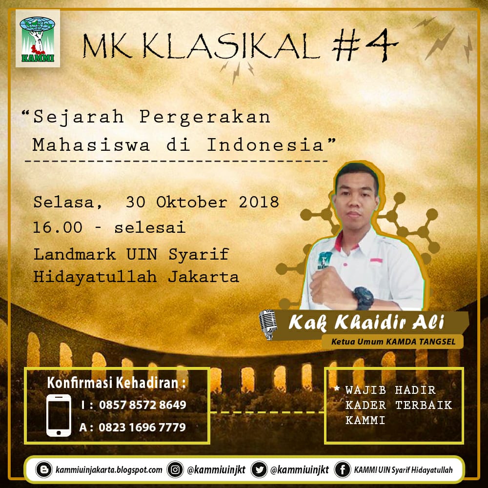 Hari ini!! (30/10) pukul 16.00 di Landmark UIN Jakarta. Bersama dengan Kak Khaidir Ali selaku Ketum KAMDA Tangsel 2018. Membahas tentang Sejarah Pergerakan Mahasiswa di Indonesia. Kuyyy merapat!!!😎