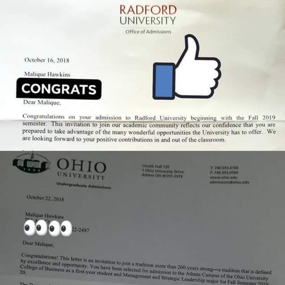 FaithPlusWorks's tweet photo. My #16YearOld received his 1st 5 College Acceptance Letters (Butler University, Florida Southern, Hampden-Sydney, Ohio University, & Radford) TOTALLING $160,000.00 in scholarships. Congrats #MaliqueHawkins! The wait & see continues. #Classof2019 #BusinessMajor #ChasingAFullRide https://t.co/1paGoNJLgj