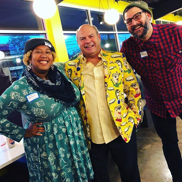 PhatFoodies's tweet photo. We had to get a picture with the man of the hour-and the sandwich! Jimmy “Snarf” Seidel, founder of @snarfssandwiches was on hand to ask us what we thought of the sammies, specifically the new Chicken Cordon Bleu... 🔥 and show off his awesome Sandwich Blazer! #atx #phatfoodi… https://t.co/oFobi79Z3x