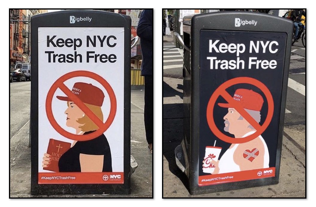 RaymondWoodward's tweet image. If you somehow still believe that those on the “Liberal Left” side of the political spectrum are the more “tolerant” ones, take a look at these garbage cans in New York City targeting Christians and Trump supporters. “Tolerance” is definitely a one-way street today. Unbelievable.