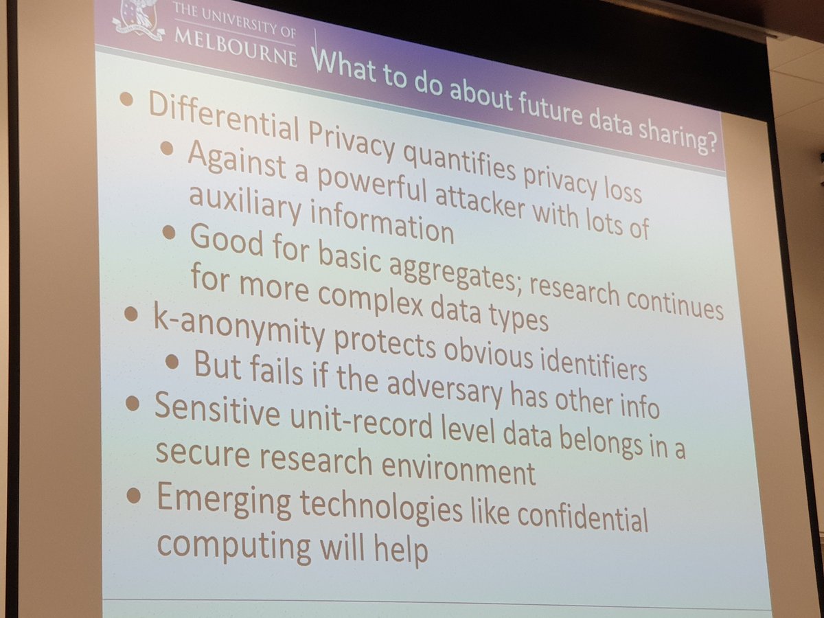 Sibenco's tweet photo. Sensitive unit-record #data belongs in a secure research environment - Dr Vanessa Teague #privacy #datasharing #de-identification #IBRGOVDATA @IBRConference @unimelb https://t.co/4Rf29ZVkyA