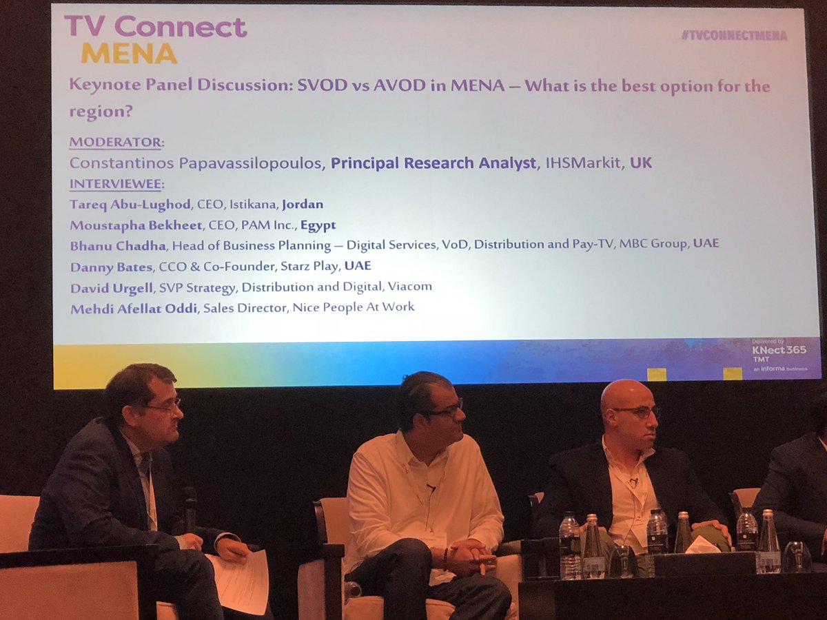 maria_aguete's tweet photo. Excellent start of day 2 #TVConnectMENA : #SVOD vs #AVOD : what is the best option for the #MENA region?
Tareq Abu-Lughod CEO @istikanatv , Moustapha Bekheet CEO of #PAMInc Jordan, Bhanu Chadian #MBCGroup , @UrgellDavid @Viacom , Medhi Afellat @NicePeopleAW Danny Bates @STARZPR https://t.co/yKNUcpZAYT