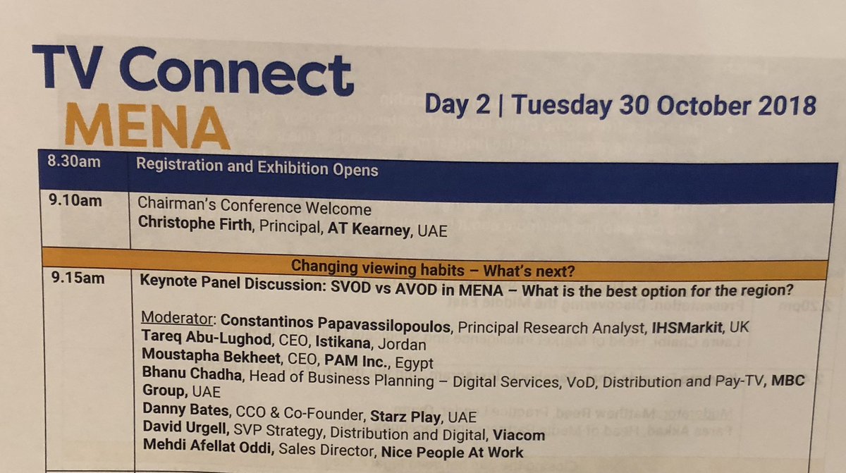 maria_aguete's tweet photo. Excellent start of day 2 #TVConnectMENA : #SVOD vs #AVOD : what is the best option for the #MENA region?
Tareq Abu-Lughod CEO @istikanatv , Moustapha Bekheet CEO of #PAMInc Jordan, Bhanu Chadian #MBCGroup , @UrgellDavid @Viacom , Medhi Afellat @NicePeopleAW Danny Bates @STARZPR https://t.co/yKNUcpZAYT