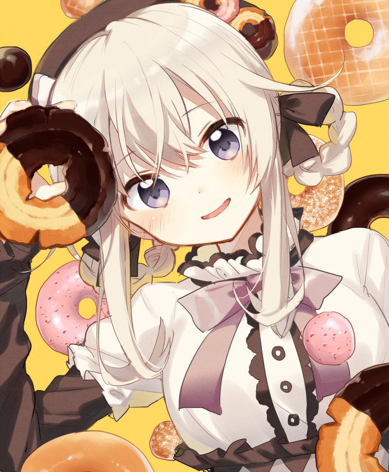 1girl doughnut solo food long sleeves hair between eyes bangs  illustration images