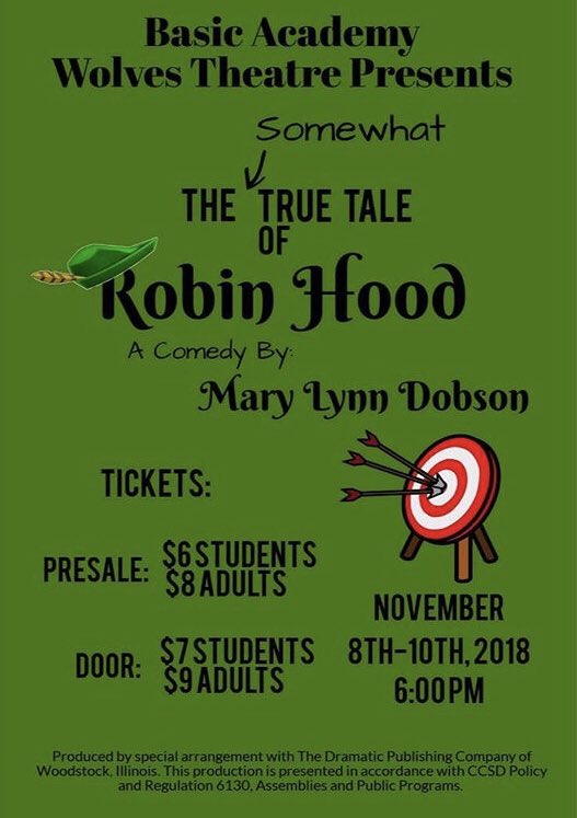 A tale of strength, virtue, and ... Spoons? 
Join us in a comedic journey through Sherwood Forest! 
Opening night for the Somewhat True Tale of Robin Hood is next week! The show dates are November 8, 9, and 10th at 6pm! Door tickets are $7 for students and $9 for adults! 🌲🏹