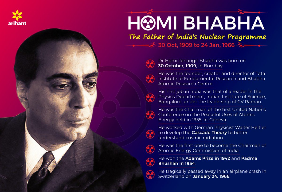 arihantpub's tweet photo. #109thBirthAnniversary #FatherOfIndiaNuclearProgram #HomiJehangirBhabha 

Homi Jehangir Bhabha, first Chairman of The Atomic Energy Commission of India was born to a wealthy Parsi family in Mumbai, on this very Day.

Let's remember the father of India's Nuclear Programme. https://t.co/R5VYNMi63I