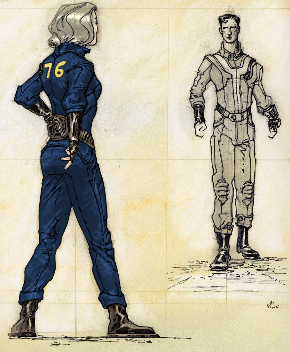 AdamowiczDaily's tweet photo. Adam drew numerous vault suit designs for #Fallout3. These are some of the more finalized designs. Notice the 76 on the back of the first suit. Just a detail I found interesting, considering this is technically for FO3. #Fallout4 #Fallout76 #Fallout https://t.co/BO9OM6BkFF