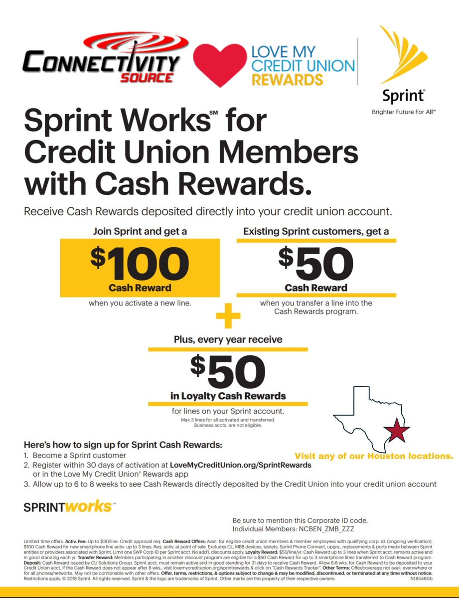 TMobileTX's tweet photo. #Switch2Sprint and #Save $$$. Credit Unions members can earn up to $300 #CashRewards.💵💰💸💲 Plus $50 #loyalty reward every year📆. Come visit our wireless experts @CSource_Tweets for more details. https://t.co/80iBKXnIUg