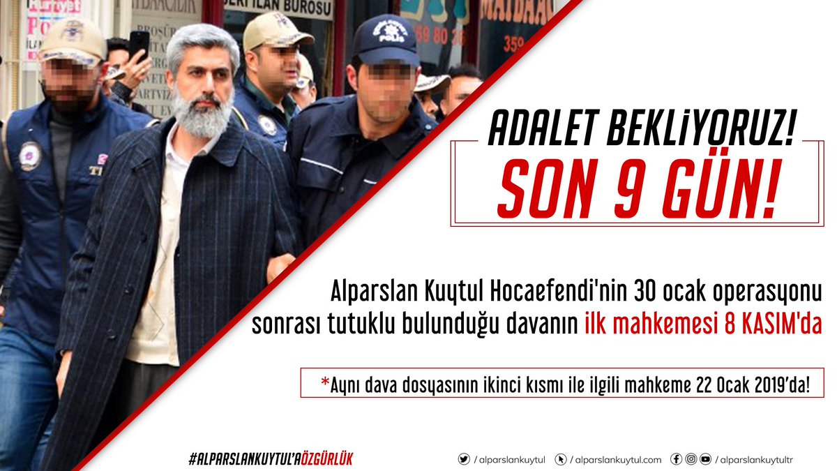 MedyaFurkan's tweet photo. Adalet Bekliyoruz!
Son 9 Gün!

Alparslan Kuytul Hocaefendi'nin 30 Ocak operasyonu sonrası tutuklu bulunduğu davanın ilk mahkemesi 8 Kasım'da!

#8Kasım
#HocamİçinBirGül https://t.co/4DqbiWbX1e