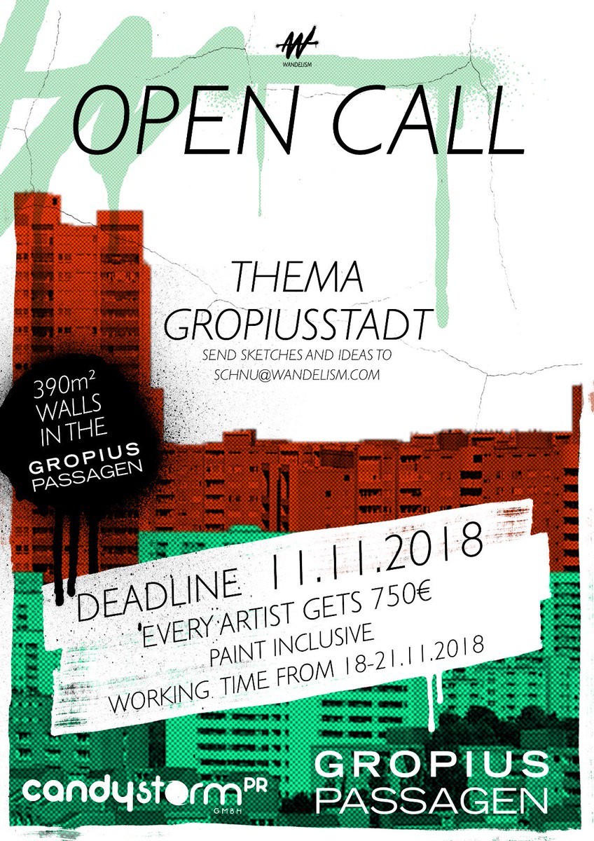 #OpenCall / Thema: #Gropiuspassage. Was auch immer dich mit den GROPIUSPASSAGEN in #Berlin verbindet oder dir dazu einfällt, solange du es auf Papier bringen kannst, freuen wir uns darauf!

Schicke uns deine Entwürfe an:
Schnu@wandelism.com

#kunstinszentrum #spraycanchange