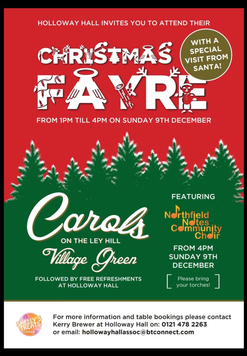 🎄Christmas Fayre Sunday 9th December 1pm-4pm 🎄With a special visit from santa 🎅 
Carols on the Village Green from 4:00pm🎶❄☃️🎄 followed by free refreshments ☕🍪🥧
To book a table please call 0121 478 2263 or email hollowayhallassoc@btconnect.com