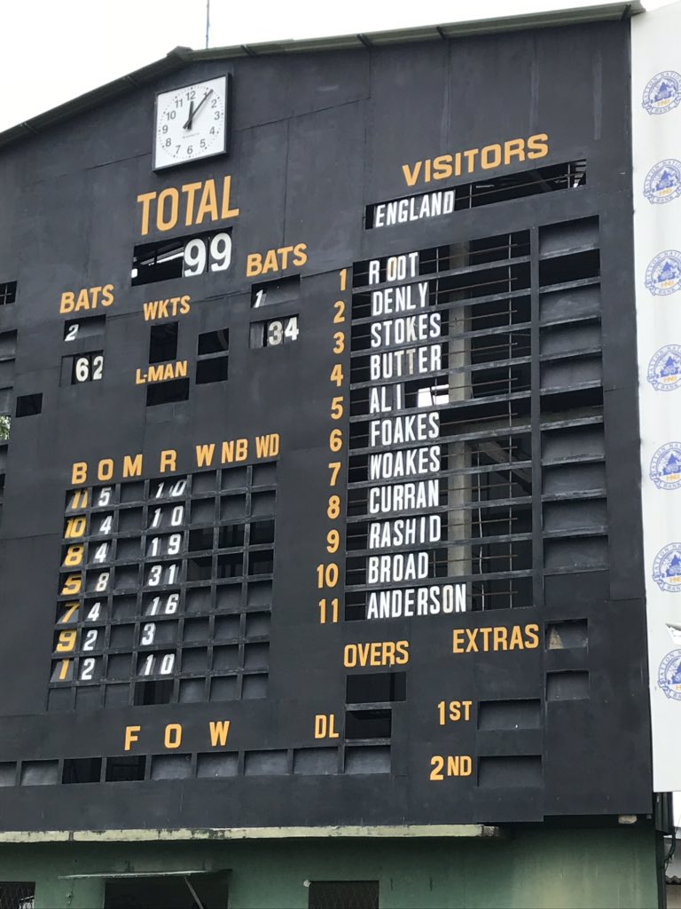 Lunch scoreboard with home side batting. No catches for England’s new wicket-keeper, down at number four.
