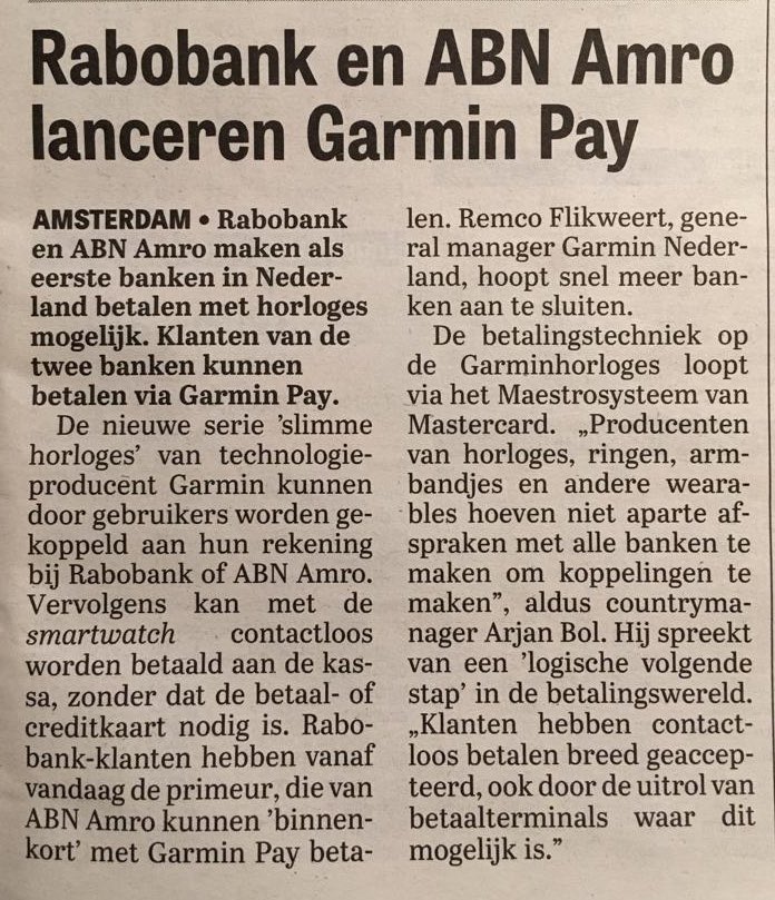 Janvanroy's tweet photo. Het is ons gelukt een nieuw betaalproduct te bieden voor onze klanten! Vanaf vrijdag super makkelijk betalen met je GarminWatch #Rabobank #GarminPay https://t.co/bEqWs6yDwD