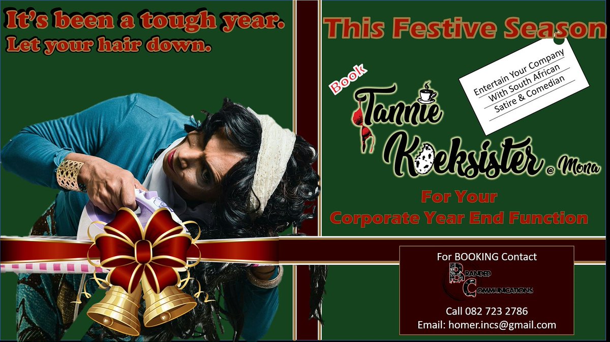 Book <a href="/ProudlySA/">Proudly South African</a> #Satire, #comedian and #laughtertherapist <a href="/MonaTannie/">MONA Tannie Koeksister</a>. #Motivate #educate #share #value #create #inspiration. #Christmas2018 #celebrate.