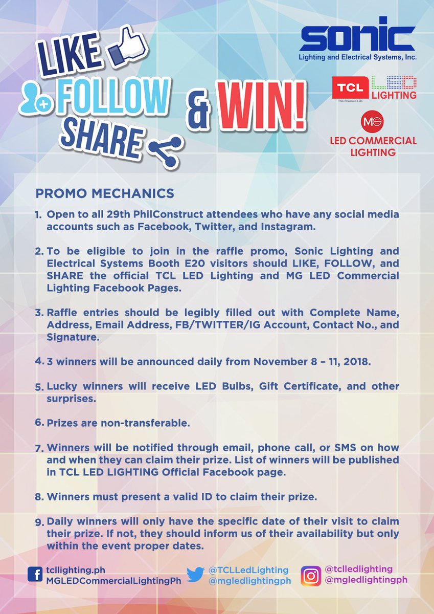 TCLLedLighting's tweet photo. Like, Share and WIN!!! 🤩
Get a chance to win a surprise gift from TCL Led Lighting this coming PhilConstruct 2018. Just visit us at Booth No.E20 SMX Convention Center this coming November 8-11, 2018. See you there!
#PhilConstruct2018 🏗️☢️
#SonicLighting
#SwitchUpWithTCL https://t.co/8K7BS5gUNk
